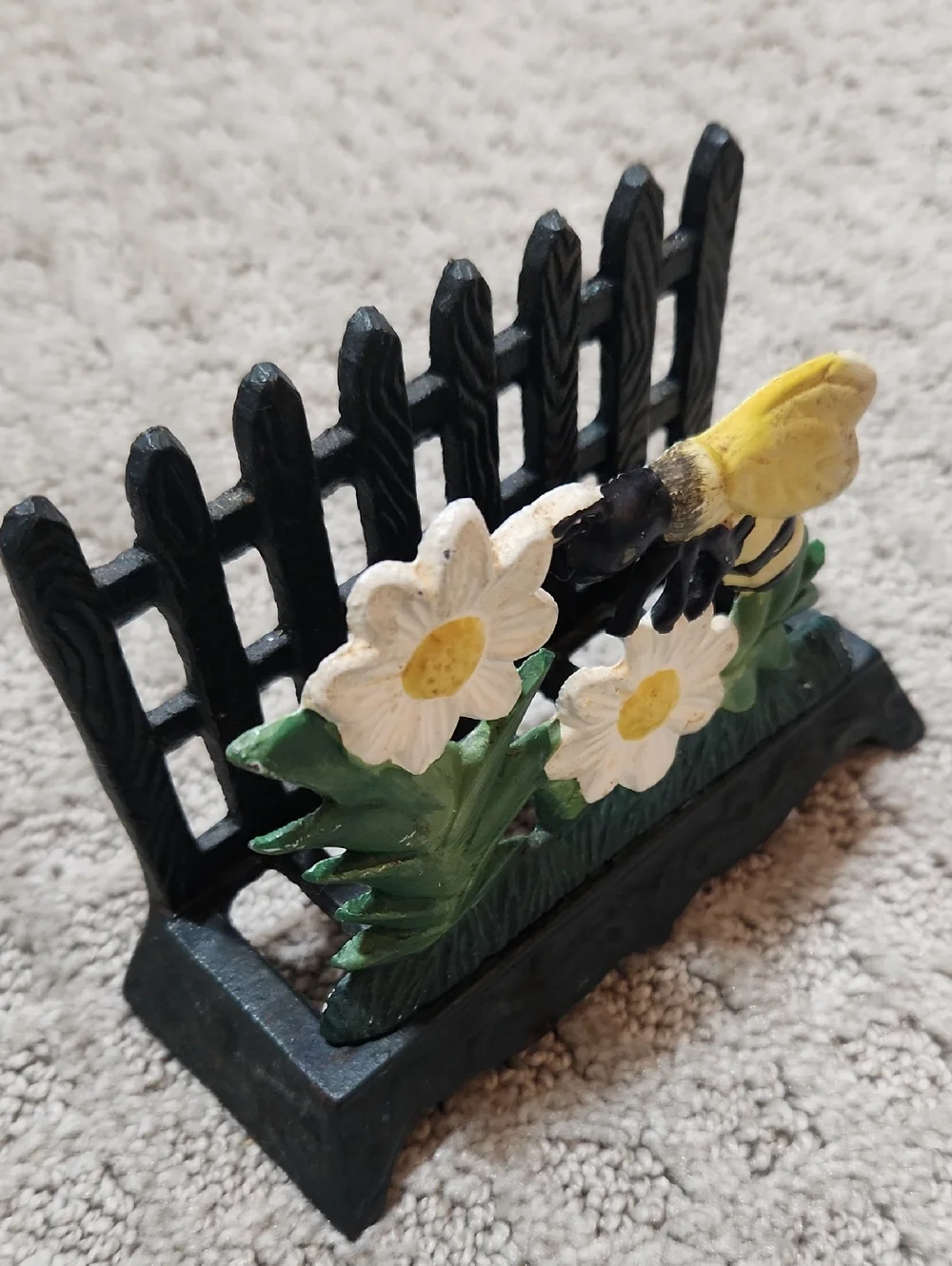Cast Iron Bee on Daisy Fence Napkin Holder Letter Holder - Yellow, White, Green
